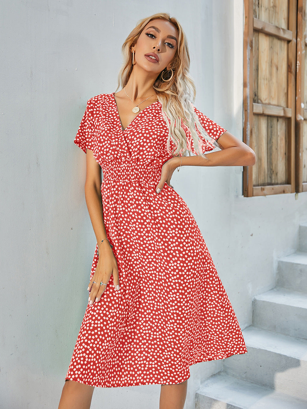 Dame Floral Print Smocked Waist Wickelkjole Stilla