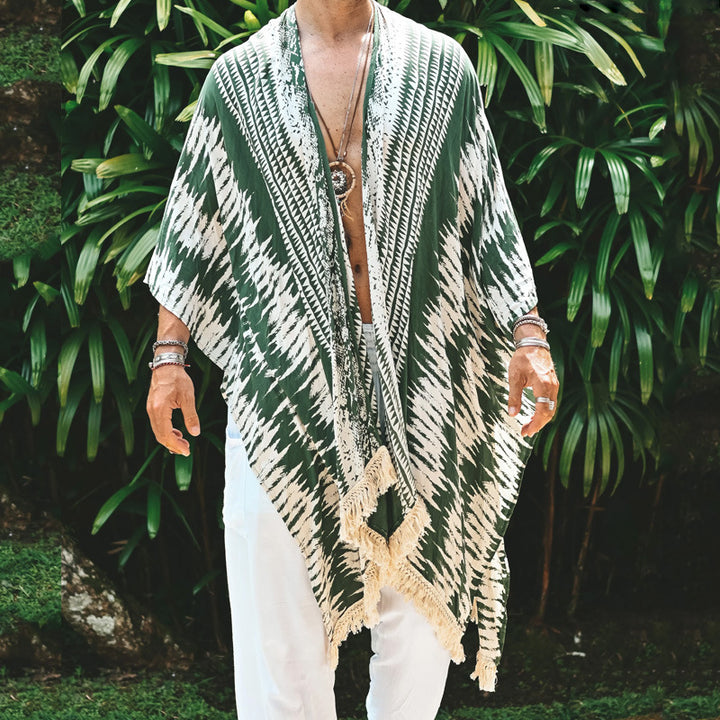 Herre afslappet kaftan med moderne Ikat-mønstre og dekorative frynser Stilla