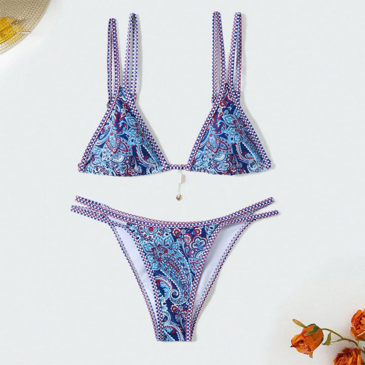 Dame triangel-bikini med raffinerede snøredetaljer og livligt mønster Skovae