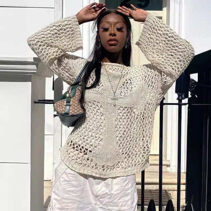 Kvinders luftige strikket sweater med åben mesh design Stilla