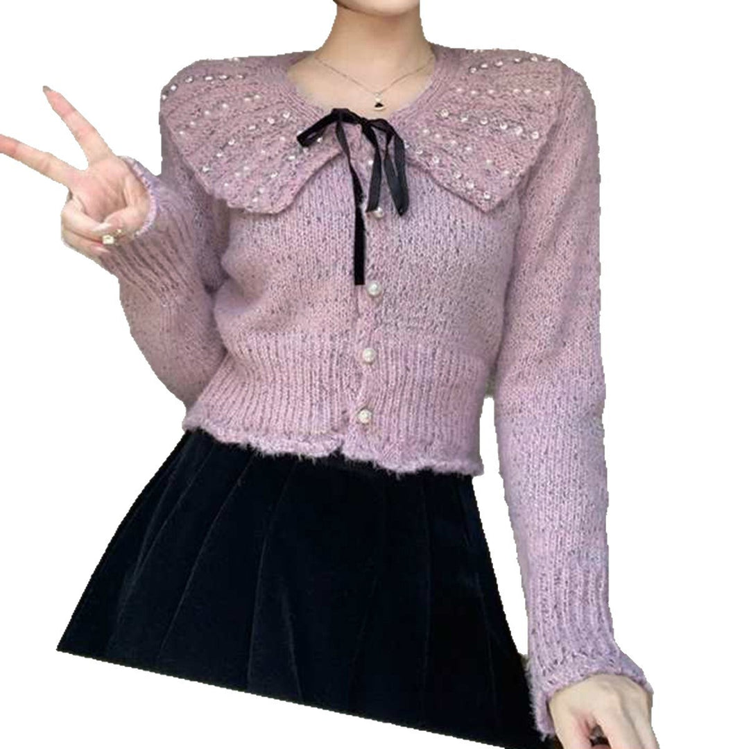 Damer Elegant Strik Top med Ruflet Krave og Dekorative Perler Stilla