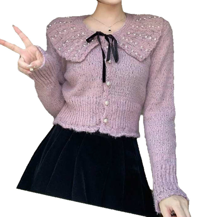 Damer Elegant Strik Top med Ruflet Krave og Dekorative Perler Stilla