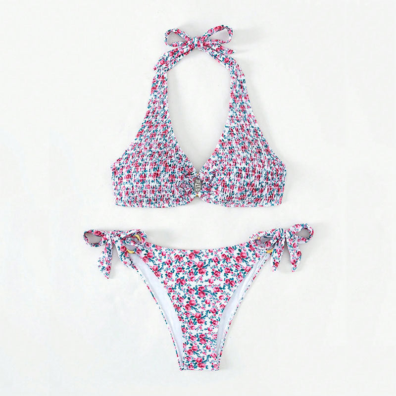 Dame triangel-bikini med farverigt blomsterprint og justerbare bindebånd Skovae