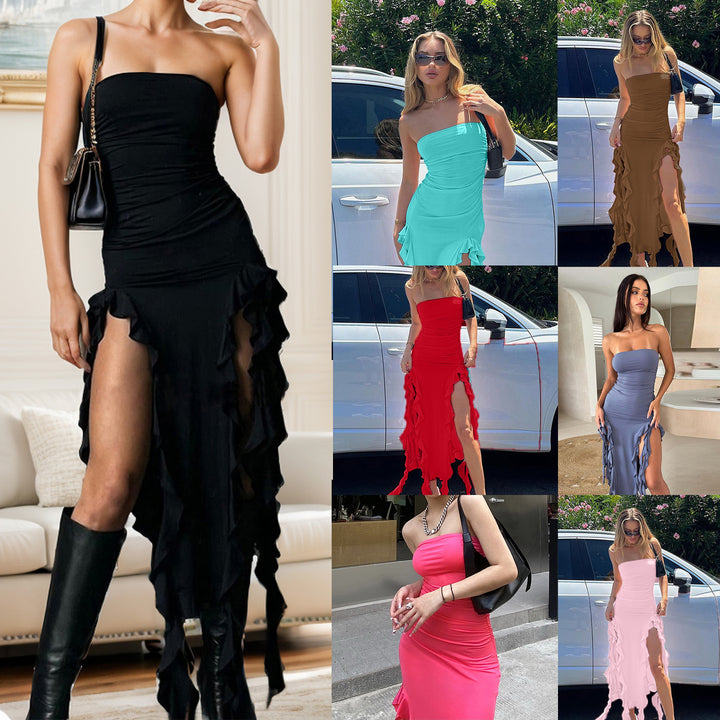 Dame Rynke Maxi Kjole med asymmetrisk Kant Stilla
