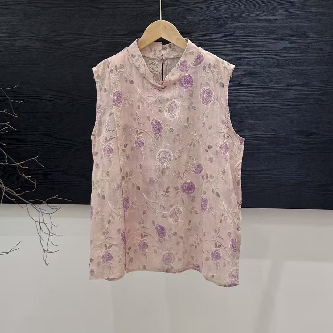 Dame Broderede Blomster Ærmeløs Bluse Stilla