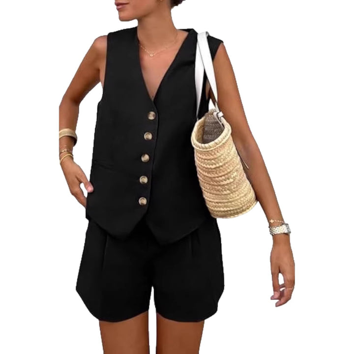 Dame elegant jumpsuit sæt med tætsiddende snit og dekorative knapdetaljer Skovae