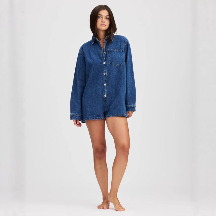 Dame Jeans-Overall med kort ærme og praktiske lommer Skovae