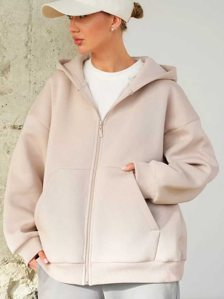 Kvinders afslappede hoodie med fuld lynlås og store lommer