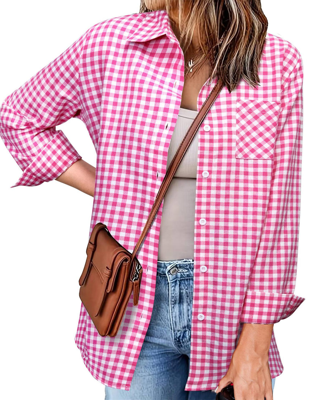 Femme Button-Up Gingham Check Shirt Stilla