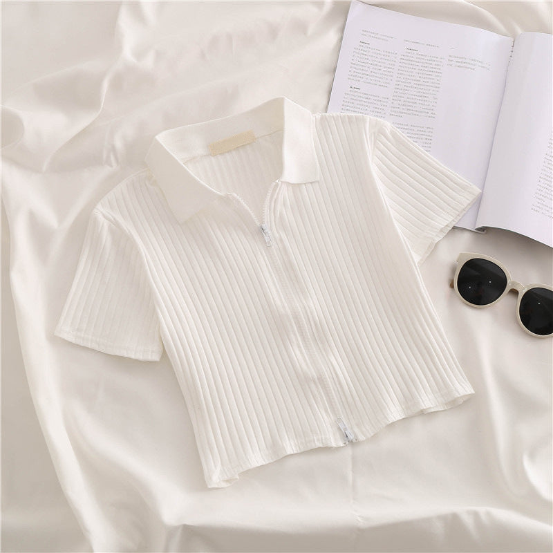 Femme Lynlås Rib-Crop-Polo-Top Stilla