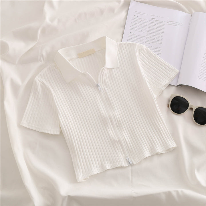 Femme Lynlås Rib-Crop-Polo-Top Stilla