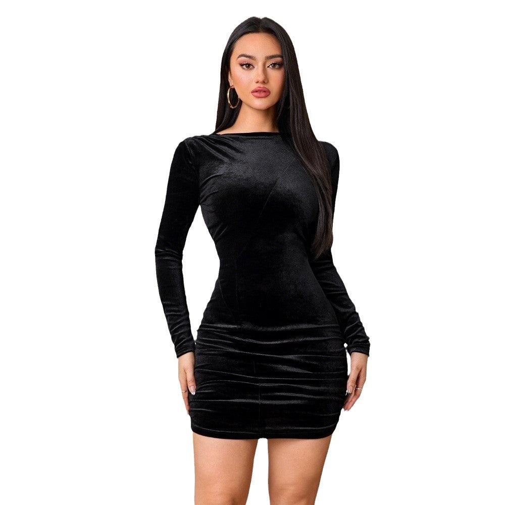 Kvinders Velvet Mini Kjole med Elegant Snit og Lange Ærmer Stilla