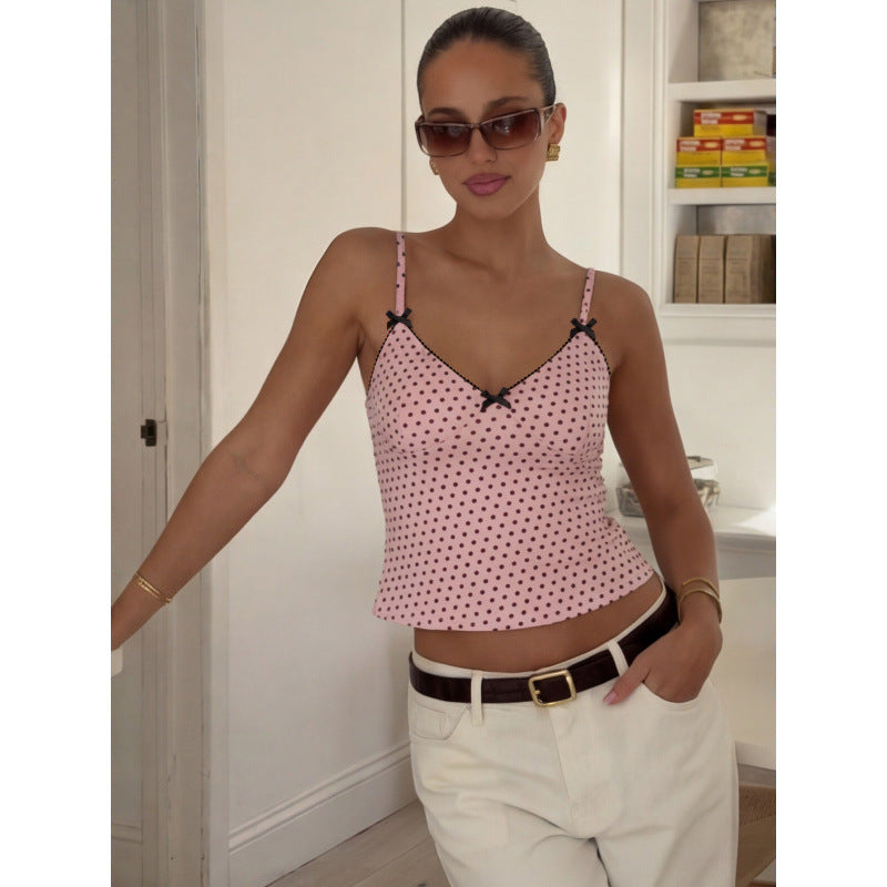Damen Spaghetti-Trägertop mit verspieltem Polka-Dot-Muster und raffinierten Verzierungen Skovae