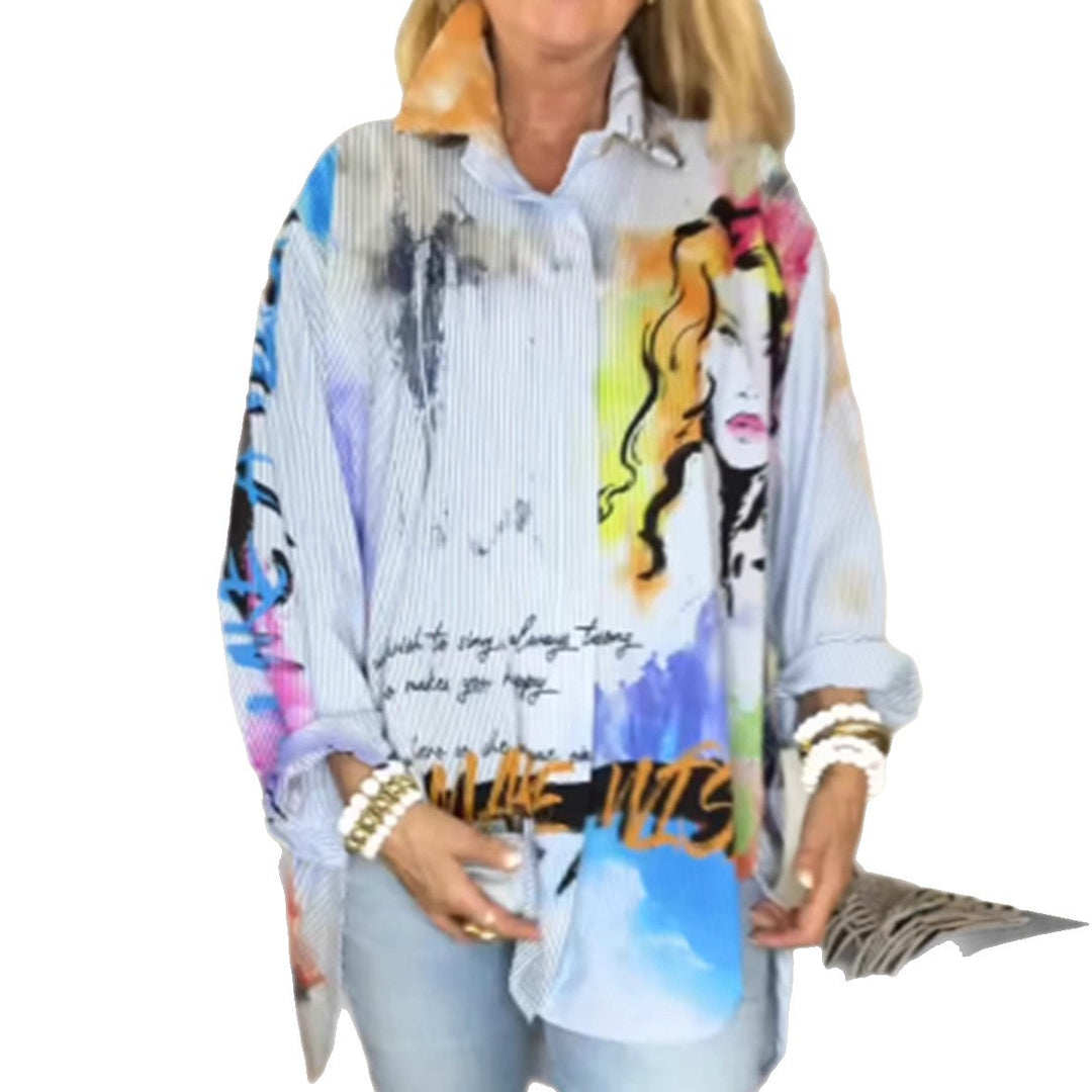 Dame nan vidt skåret skjortebluse med kunstnerisk graffiti-print, fin nålestribe tekstur og forlænget kant Skovae