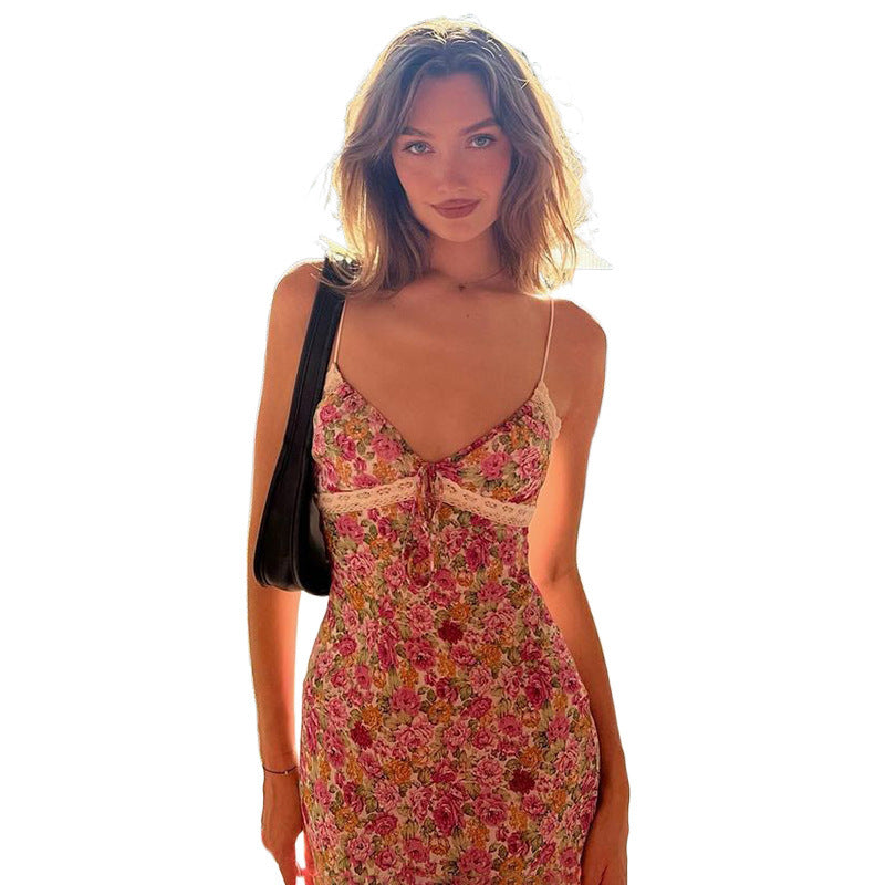Dame Floral Print Slip Maxi Kjole med Spaghetti Stropper Stilla