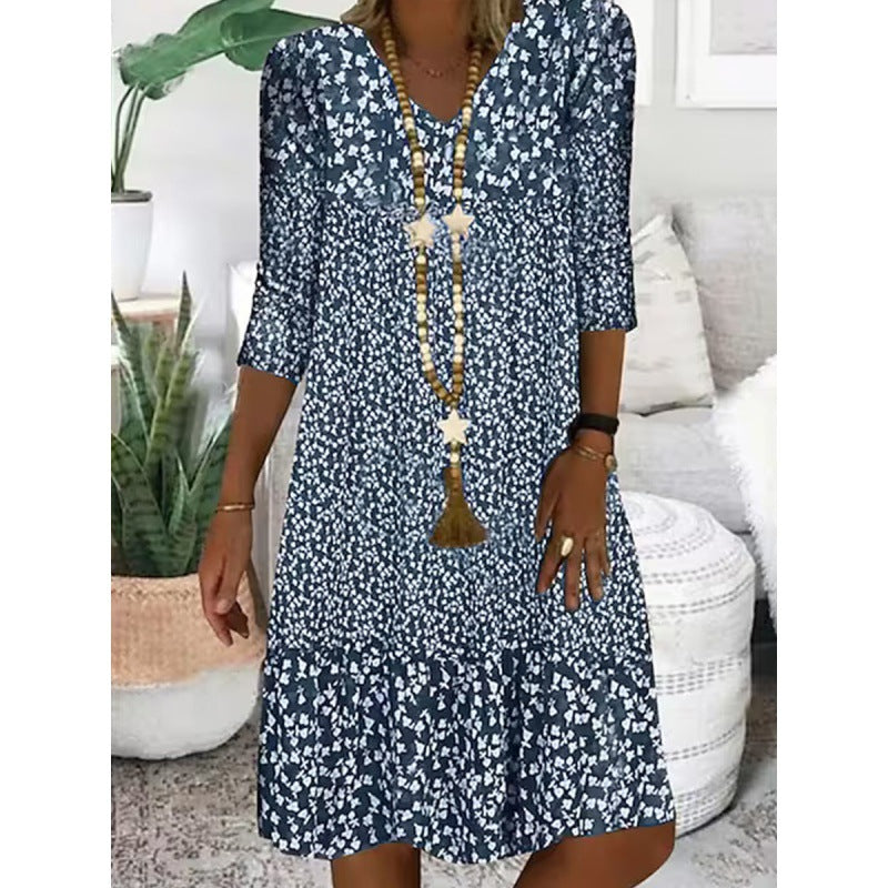 Stilla | Elegant Print Trekvartærmet V-Hals Midi Kjole