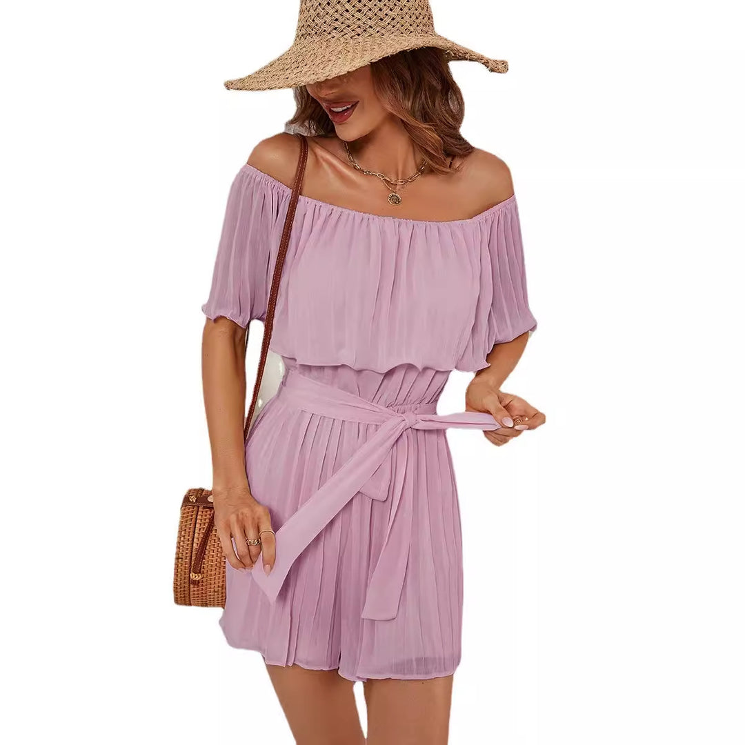 Dame Off-Shoulder Playsuit med flydende folder og figursyet bælte Stilla