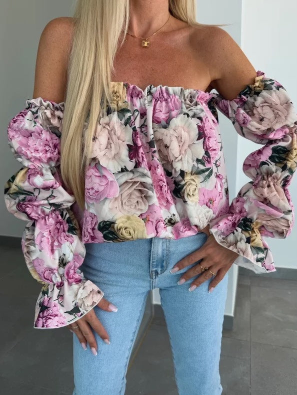 Dame Off-Shoulder Blomst Bluse med Ballonærmer Stilla