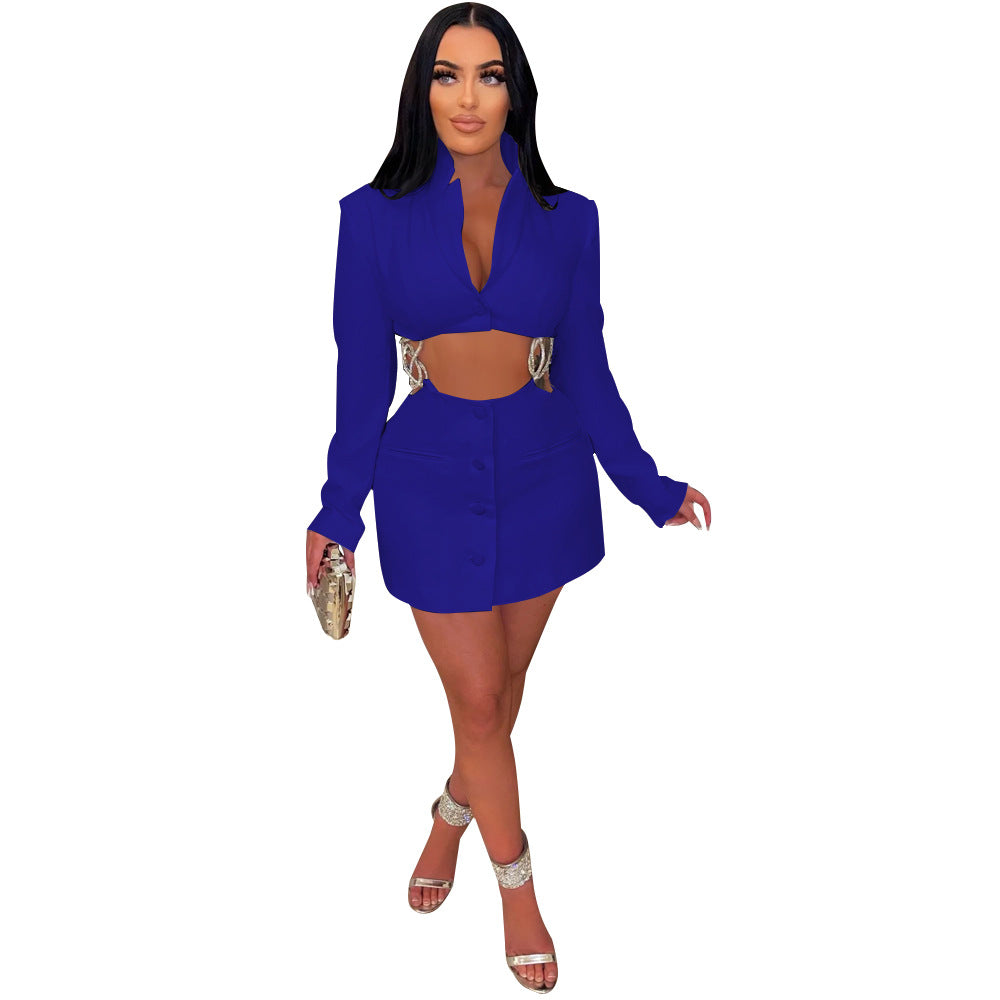Dame Cropped Blazer-Jakke med figursyet Mini-Nederdel og taljeret Silhuet Stilla