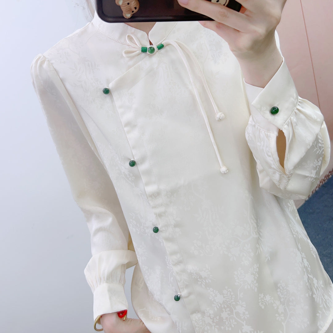 Dame Chique Bluse med asymmetrisk krave og dekorative knapdetaljer Stilla