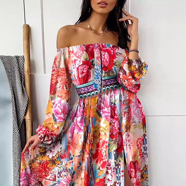 Dame maxikjole med off-shoulder-udskæring og elegant trykdesign Stilla