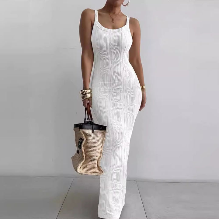 Dame Elegant Ribbet Rechteck-Udskæring Maxikjole Stilla