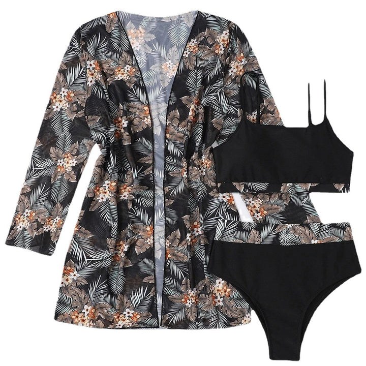 Dame bikiniset med blomster kimono og høj talje Stilla