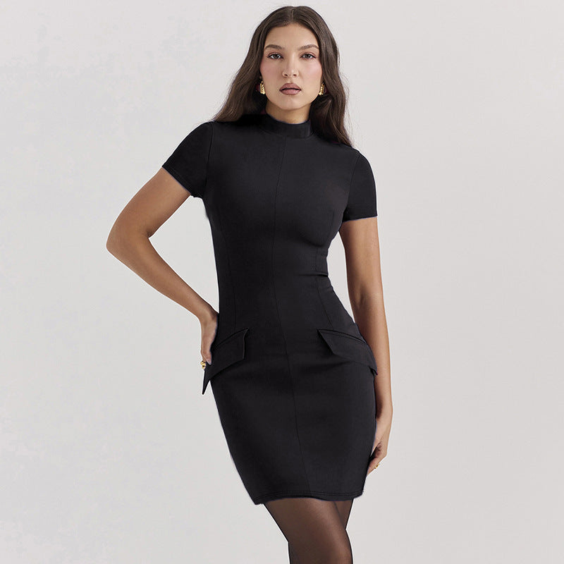 Damer Slim-Fit Mock Neck Mini Kjole med Lomme Detaljer Stilla