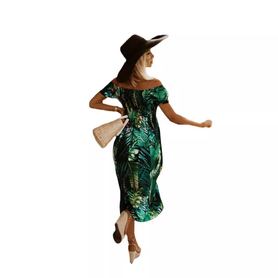 Dame Off-Shoulder Maxi Kjole med tropisk blad Stilla