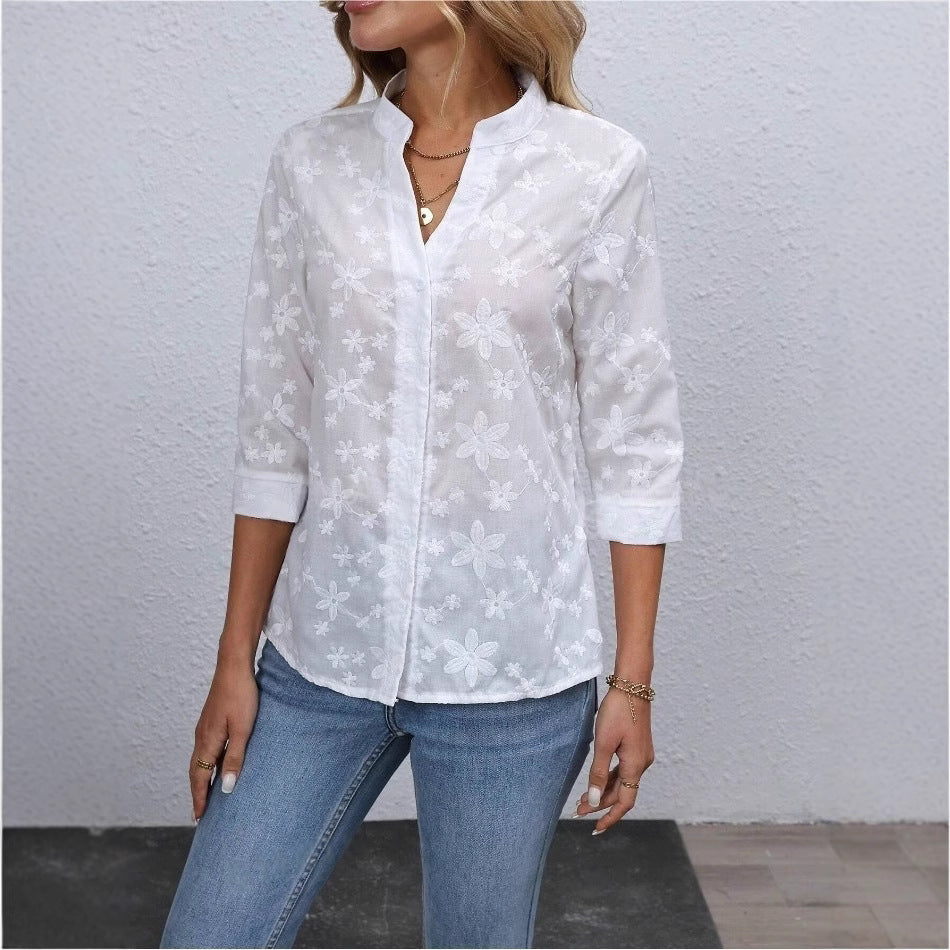 Dame Semi-transparent Bluse med blomsterbroderi Stilla