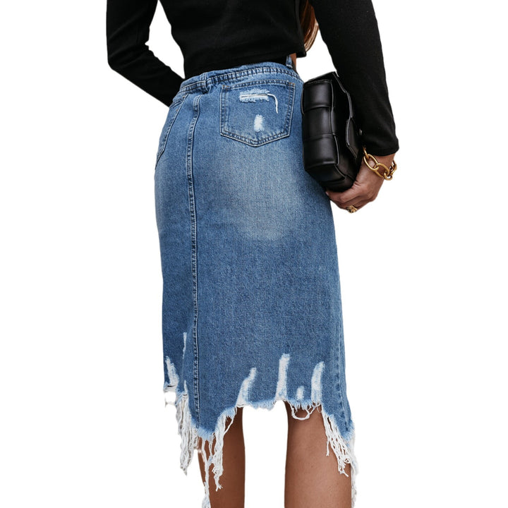 Dame Midi-Denimnederdel med fremragende destroyed-detaljer og moderigtigt slids Stilla