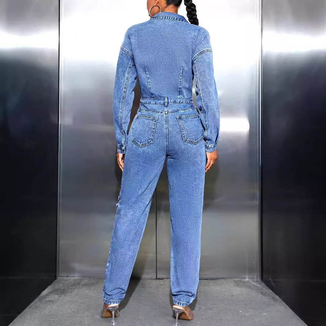Dame denim overalls med tætsiddende pasform og trendy ødelagte detaljer Stilla
