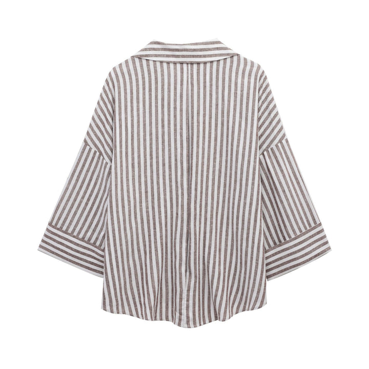 Femme Stribet Knap-Op Linned Bluse Stilla