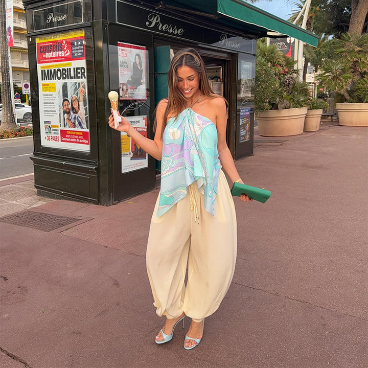 Damer asymmetrisk chiffon-top med blomster mønstre Skovae