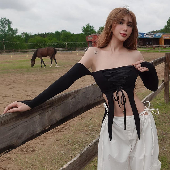 Dame elastisk Off-Shoulder Top med detaljeret snøring Skovae
