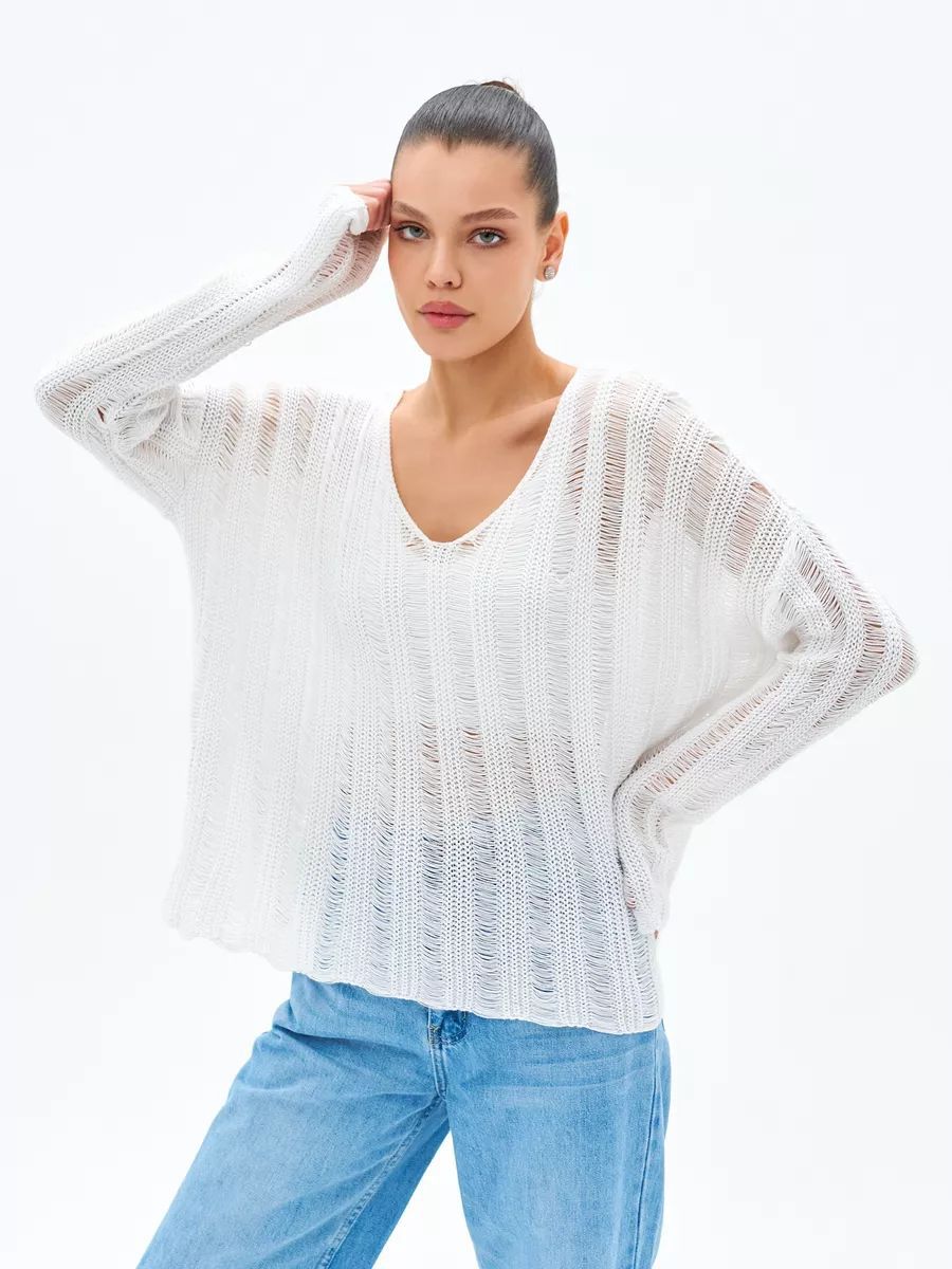 Dame store størrelse sweater i let strikmateriale med raffineret hulmønster Stilla