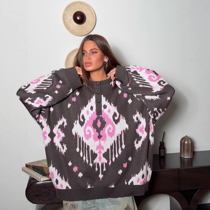 Kvinders oversized sweater med unikt mønster og knaplukning Stilla