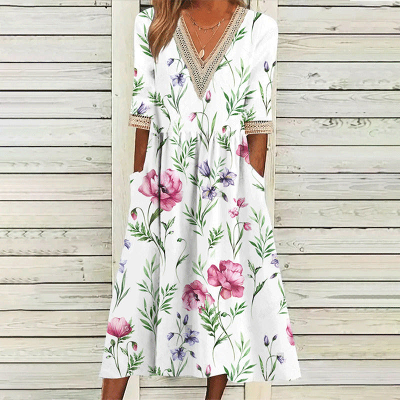 Stilla | Elegant Print V-hals Blonde Tre-vendt kvart Ærme Kjole