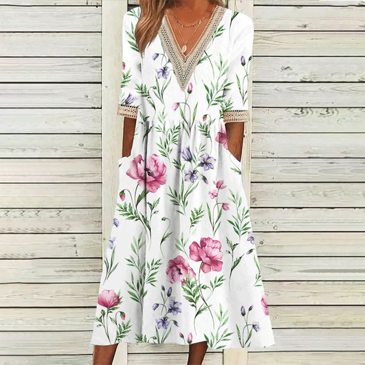 Stilla | Elegant Print V-hals Blonde Tre-vendt kvart Ærme Kjole