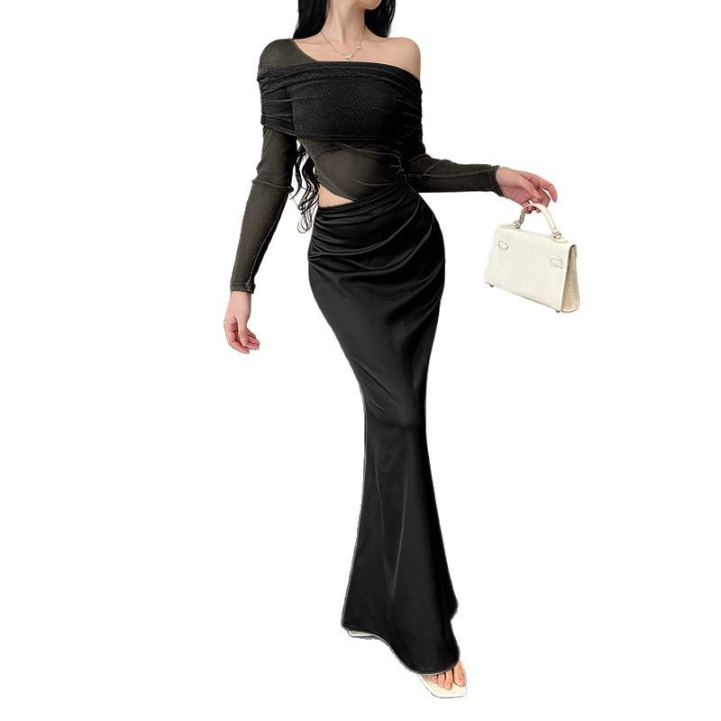 Kvinder Rynkning Off-Shoulder Maxi Kjole Stilla