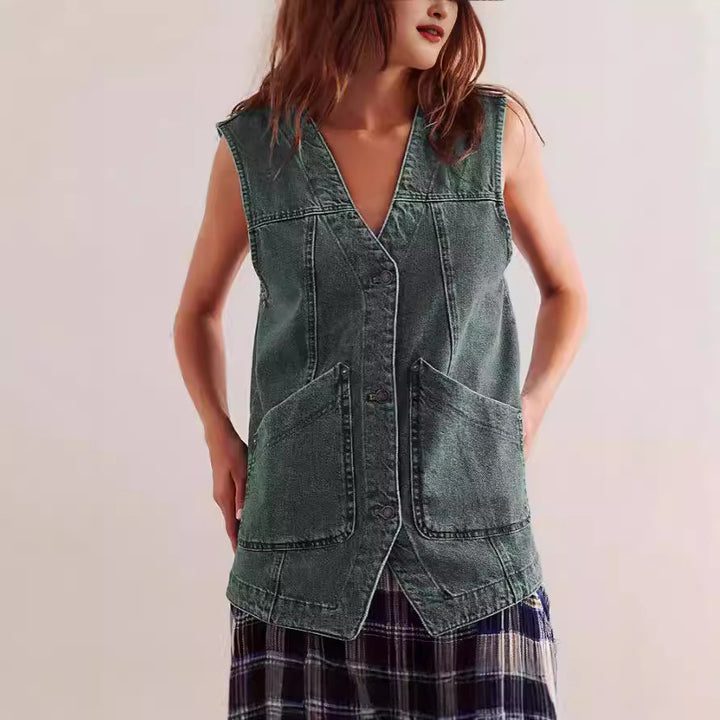 Dame Denim-Overallsjakke med praktiske lommer og stilfuld V-udskæring Skovae