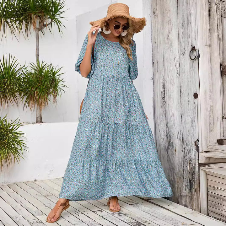 Kvinder Bohemian Maxi Kjole med Puffærmer Stilla