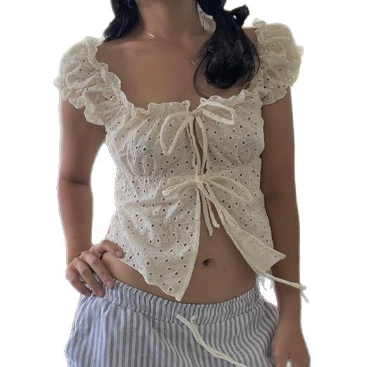 Dame ruffleshirt med lav talje og bindebånd Skovae