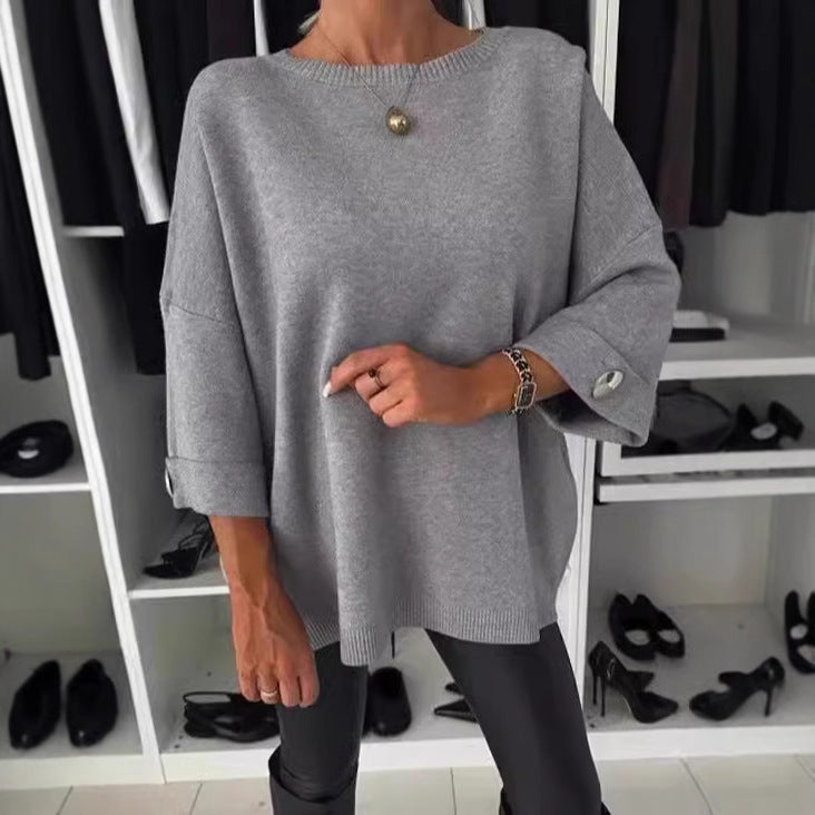 Kvinder Elegant Strik Sweater med Bred Skæring Ærmer og Knap Detaljer Stilla