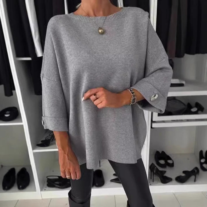 Kvinder Elegant Strik Sweater med Bred Skæring Ærmer og Knap Detaljer Stilla