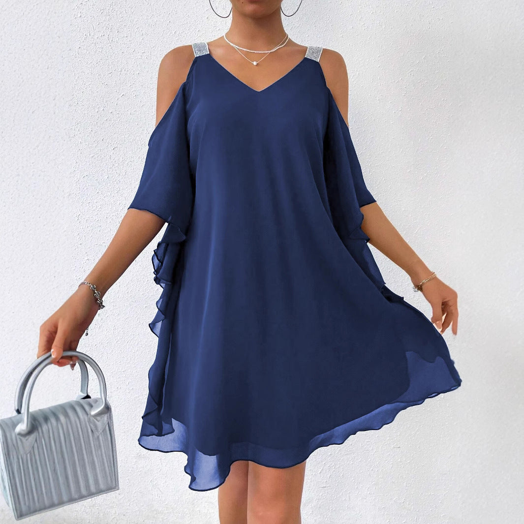 Kvinder Cold-Shoulder Chiffon Kjole med funklende Stropper Stilla