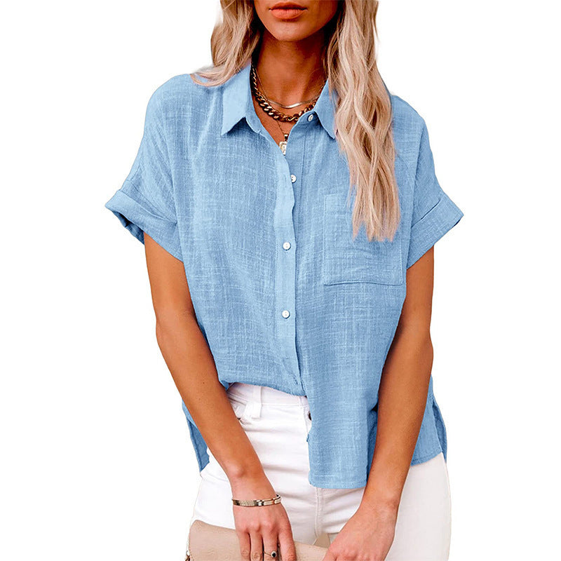 Dame Klassisk Linned blouse med korte ærmer Stilla