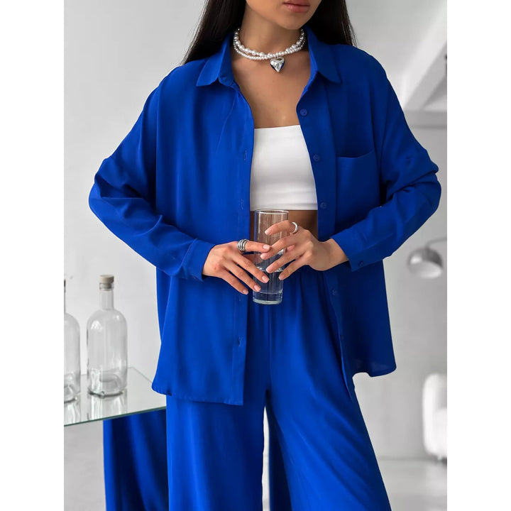 Dame løs linned-buksedragt sæt med elegant bluse og elastisk talje Stilla