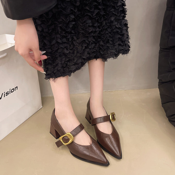 Dame Elegant Spids-ternet Hæl Mary Jane Pumps med Dekorativ Spænde Stilla