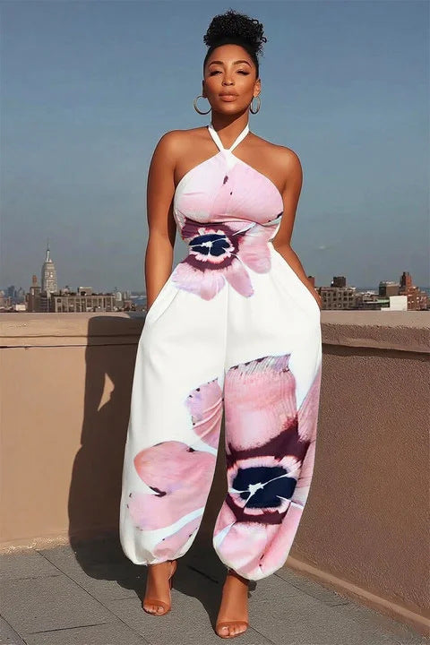 Women Elegant Jumpsuit with Floral Design and Refined Straps Skovae